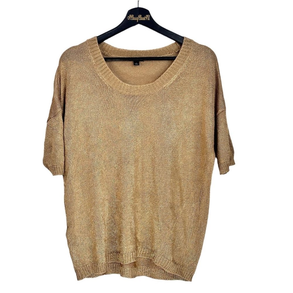 Ann Taylor Gold Metallic Short Sleeve Crew Neck Top L